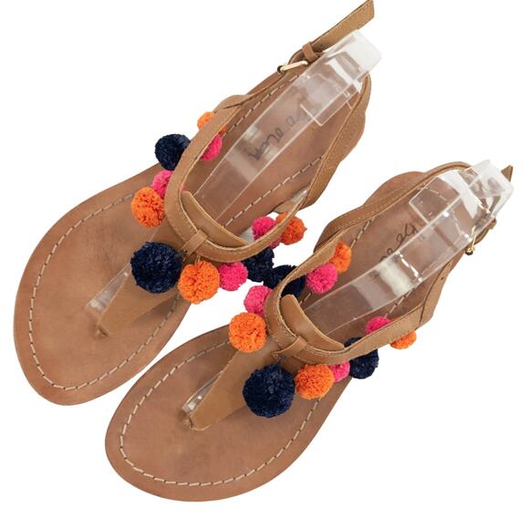 Boden Pom Pom T-Strap Leather Summer Thong Sandals Size 36 US 5.5 - Picture 2 of 9